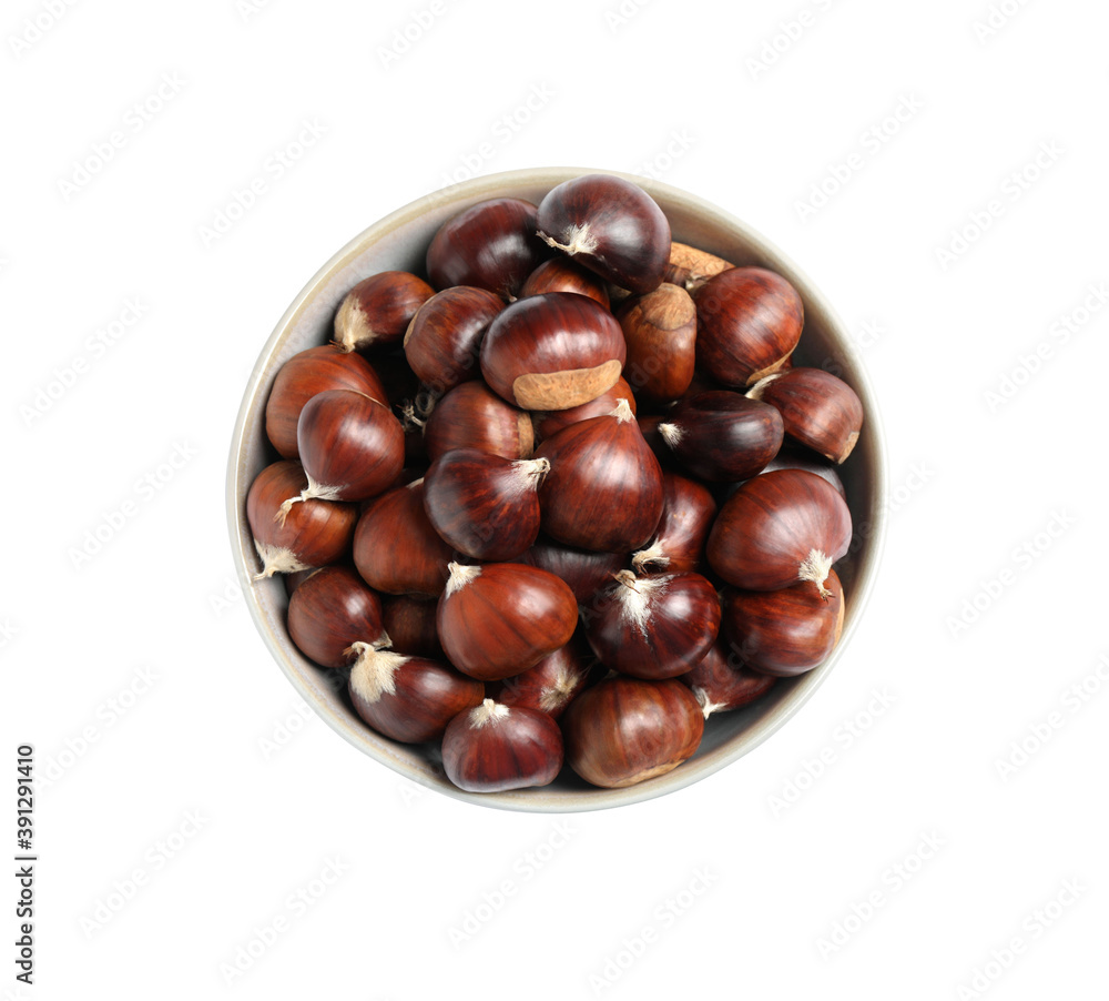 Fresh sweet edible chestnuts in bowl on white background, top view Fresh sweet edible chestnuts in bowl on white background, top view