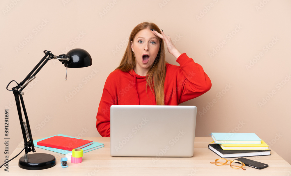 Young student woman in a workplace with a laptop has just realized something and has intending the solution Young student woman in a workplace with a laptop has just realized something and has intending the solution