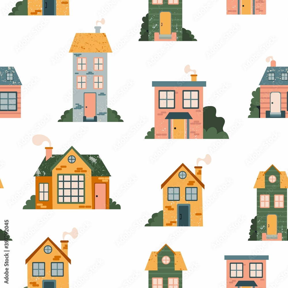 Cartoon Cottage seamless pattern. Hand drawn home facade street, townhouse and family house in countryside, urban fabric decor textile, wrapping paper wallpaper vector texture on white background