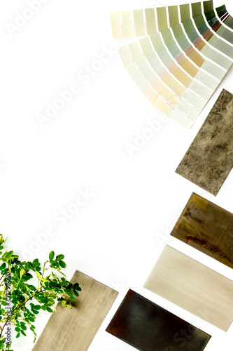 Design project with stoneware and marble wooden samples for kitchen interior Fotobehang