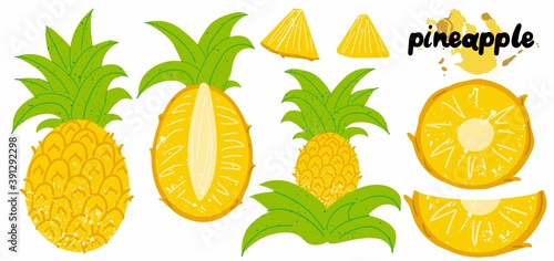 Pineapple. Exotic tropical fruit with stamp texture, fresh whole juicy yellow ananas with green leaves sliced, half and pieces collection, vector cartoon isolated on white background set