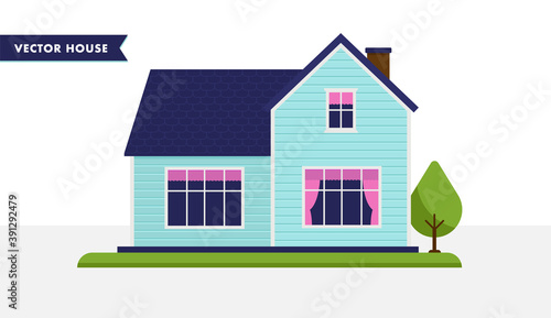 Cozy vector house - A small home with positive colours, curtains in windows, grass and tree. Vector illustration.