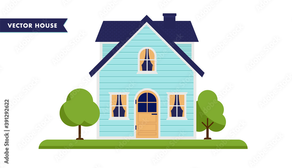 Small suburban house vector illustration. A turquoise small home with trees and grass. Small suburban house vector illustration. A turquoise small home with trees and grass.