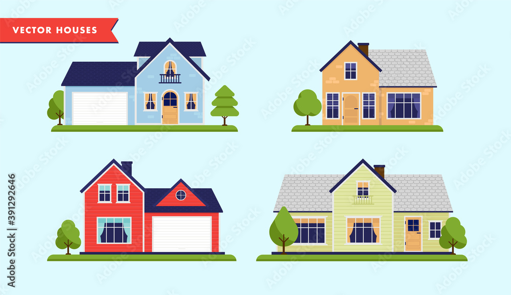 Vector houses - Collection of 4 house illustrations, isolated on blue background. For suburban and urban backgrounds.