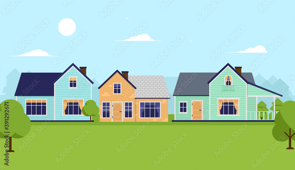 Vector houses with lawn and grass background. Neighbourhood and backyard concept. Vector illustration.