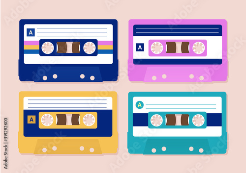 Vector cassettes - a set of four cassette tapes in different colour. Retro music  and 80s nostalgia concept. Vector illustration.