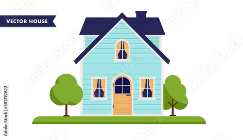 Small suburban house vector illustration. A turquoise small home with trees and grass.