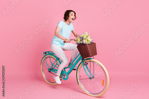 Fototapeta Naklejka Na Ścianę i Meble -  Full length profile photo of surprised lady dressed casual outfit sitting bike basket flowers isolated pastel pink color background