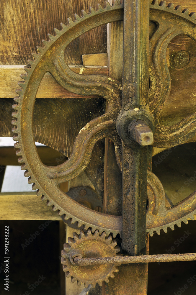 close up of old rusty gear cogs
