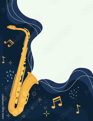 Saxophone musical instrument with flowing musical notes flat vector illustration