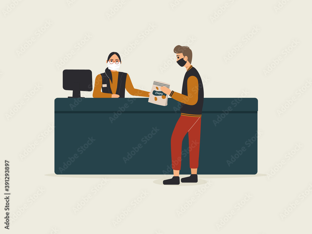 Grocery store during epidemic of virus.Cashier in protective medical mask is behind cash register serves customer teenager with a packet of chips.Teller workplace in supermarket.Vector illustration Grocery store during epidemic of virus.Cashier in protective medical mask is behind cash register serves customer teenager with a packet of chips.Teller workplace in supermarket.Vector illustration