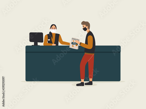 Grocery store during epidemic of virus.Cashier in protective medical mask is behind cash register serves customer teenager with a packet of chips.Teller workplace in supermarket.Vector illustration