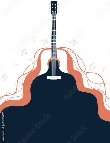 Acoustic guitar classical vintage music instrument and flowing sound with musical notes flat vector illustration