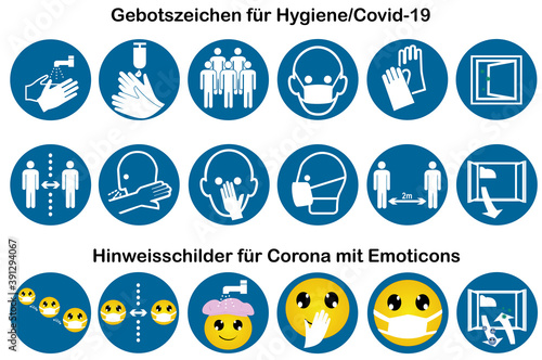 Sammlung von Gebotszeichen für Covid-19 und Hinweisschilder mit Emoticons.