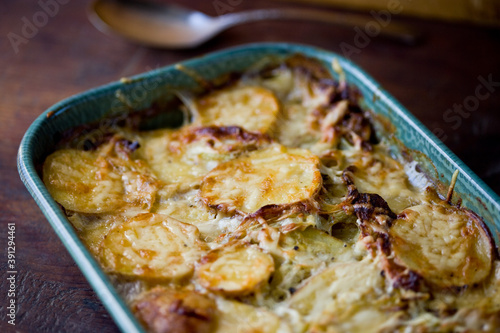 Close up of potatoes and leek gratin photo