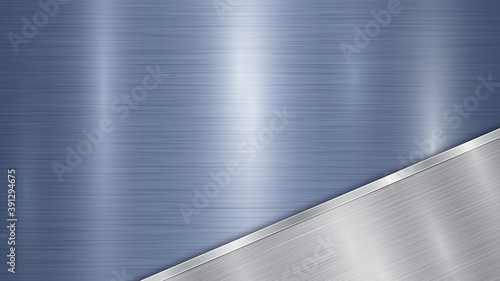 Background consisting of a blue shiny metallic surface and one polished silver plate located in corner, with a metal texture, glares and burnished edge