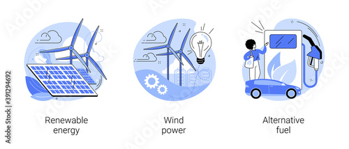 Clean energy abstract concept vector illustration set. Renewable energy, wind power, alternative fuel, solar panels, green electricity, charging station, light bulb, windfarm abstract metaphor.