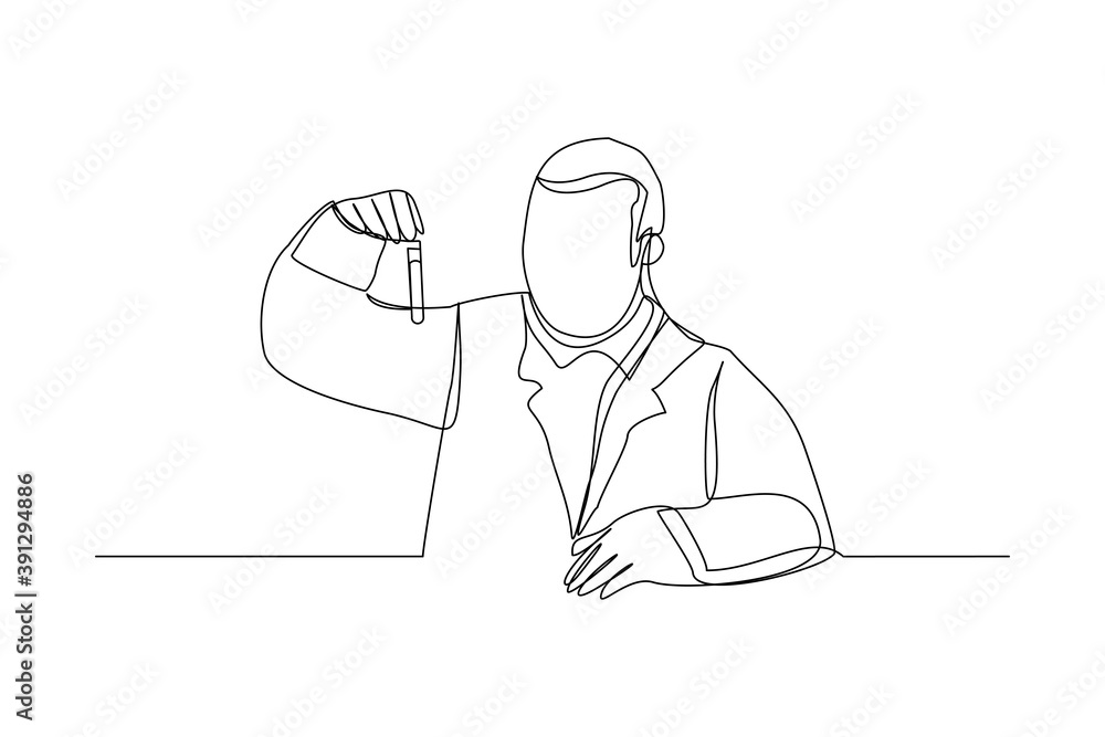 Continuous line drawing of male scientist analyze formula on laboratory tube. One line concept of medical science. vector illustration
