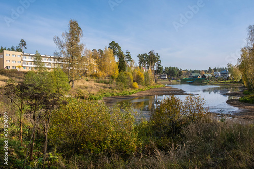 Autumn landscape with a dried-up pond in the city of Kokhma, Ivanovo region.