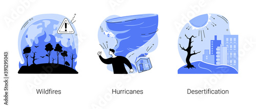 Natural disaster abstract concept vector illustration set. Wildfires and hurricanes, desertification and draught, deforestation problem, climate change, global warming, firefighting abstract metaphor.