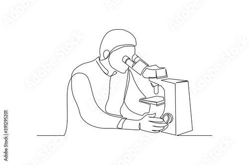 Continuous line drawing of male scientist analyze using microscope in laboratory. One line concept of science work space. Vector illustration