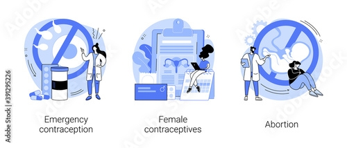 Pregnancy planning abstract concept vector illustration set. Emergency contraception, female contraceptives, abortion, oral hormonal pill, fertility control, ultrasound diagnostic abstract metaphor.