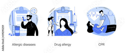 Allergic reaction abstract concept vector illustration set. Allergic disease, drug allergy, CPR, first aid, antihistamines therapy, skin rash, dermatology clinic, anaphylactic shock abstract metaphor.