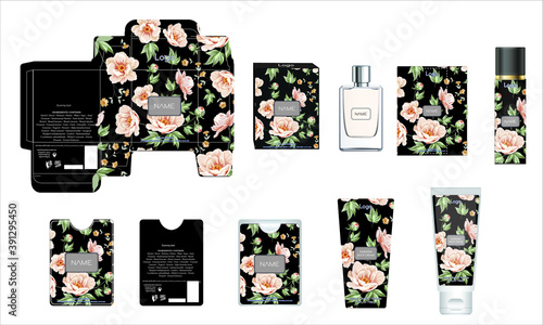 Packaging design, luxury perfume box, pocket perfume, deo design and face cream template and mock up box. Illustration vector.