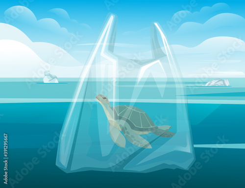 Turtle in plastic bag abstract illustration pollution problem flat vector illustration ocean and sky on background