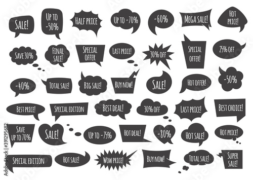 Black speech bubble with sale phrases - cartoon comic bubbles and clouds of various shapes with speech phrases.