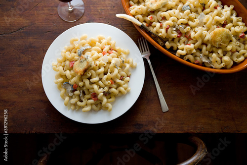 Close up of macaroni and humboldt fog cheese