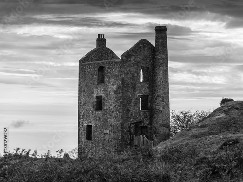 black and white Phoenix Tin Mine Engine House In Minions Bodmin Cornwall