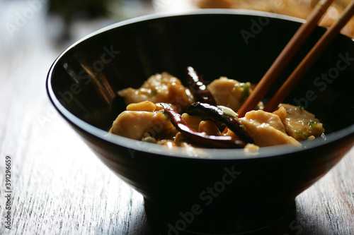 Asian meal with meat and vegetables in bowl