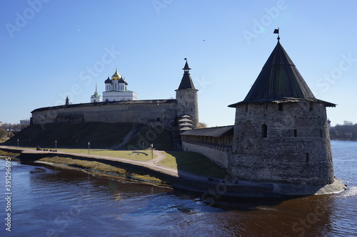 Pskov Krom at the confluence of the Pskov and Velikaya rivers. Spring. Russia