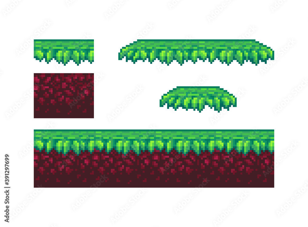 Pixel art ground and grass tile for game design. Pixel art ground and grass tile for game design.