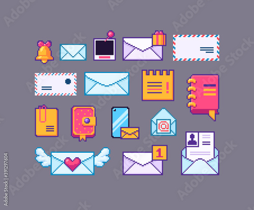 Pixel art set of mail icons.