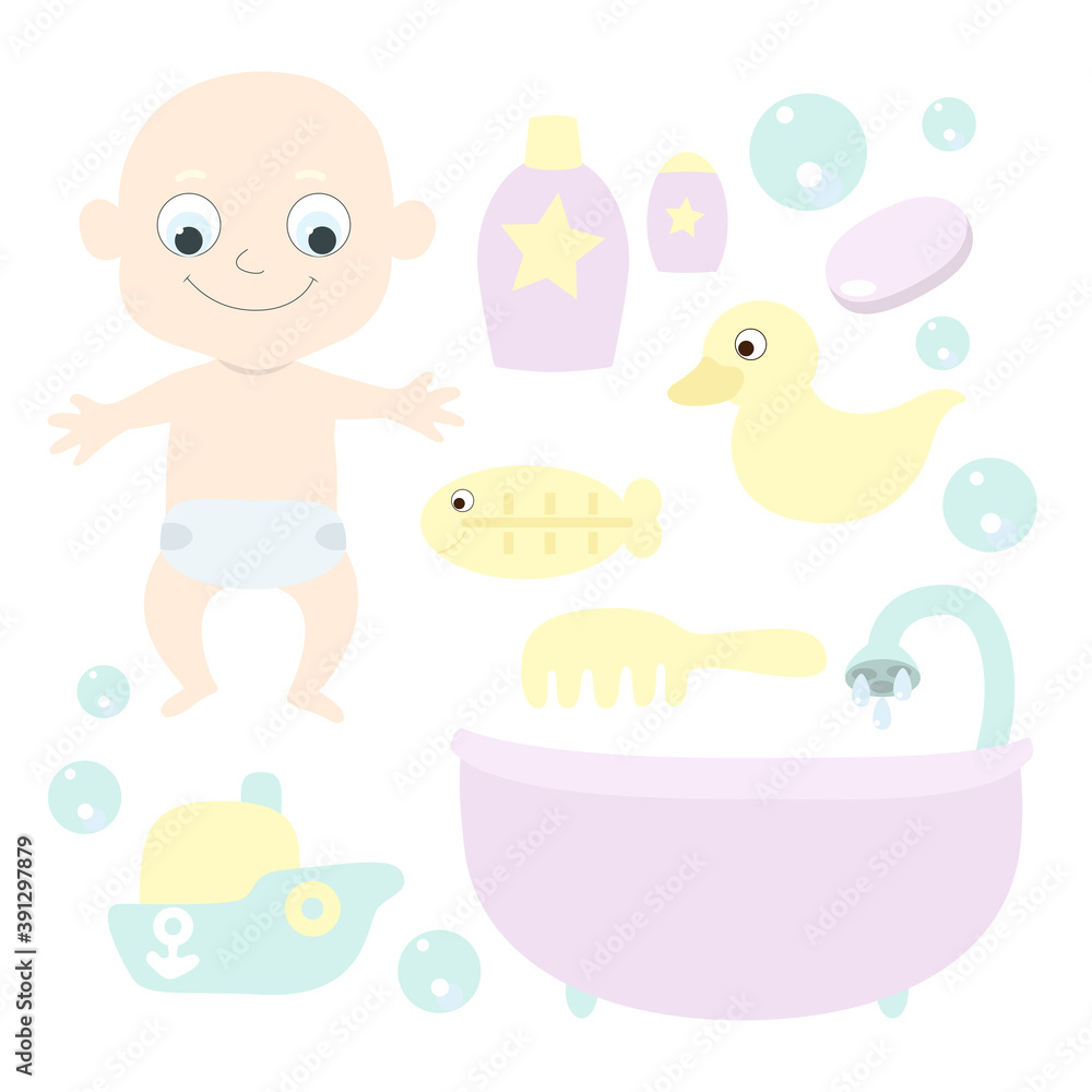 An infant or newborn albino baby in a diaper and a set of items for bathing: a comb, shampoo, a thermometer for water, a rubber duck, a boat and soap bubbles. Cartoon flat style in pastel colors. An infant or newborn albino baby in a diaper and a set of items for bathing: a comb, shampoo, a thermometer for water, a rubber duck, a boat and soap bubbles. Cartoon flat style in pastel colors.