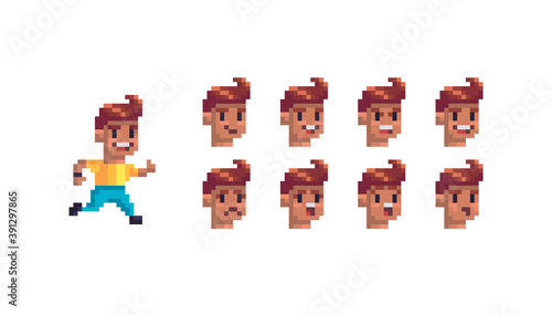 Pixel art character with different emotions.