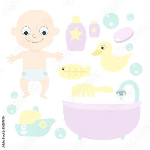 An infant or newborn albino baby in a diaper and a set of items for bathing: a comb, shampoo, a thermometer for water, a rubber duck, a boat and soap bubbles. Cartoon flat style in pastel colors.