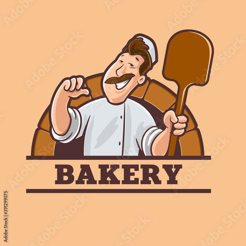chef baker with shovel works in the oven