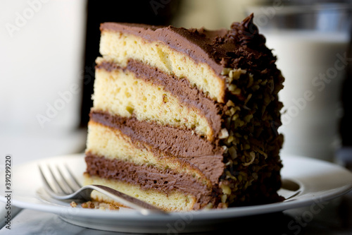 Chocolate layer cake slice on plate