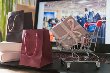 Shopping online, woman's hands makes purchases in the online store online in lockdown coronavirus quarantine, discounts on black friday, cyber monday