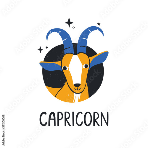 Сapricorn zodiac sign. Bright astology icon with handwritten title isolatedon a white background. Vector shabby hand drawn illustration