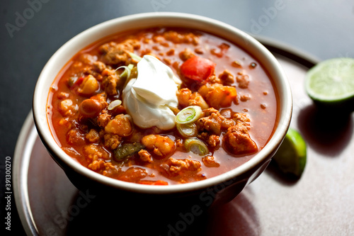 Gourmet food photograph of hominy chili in bowl
