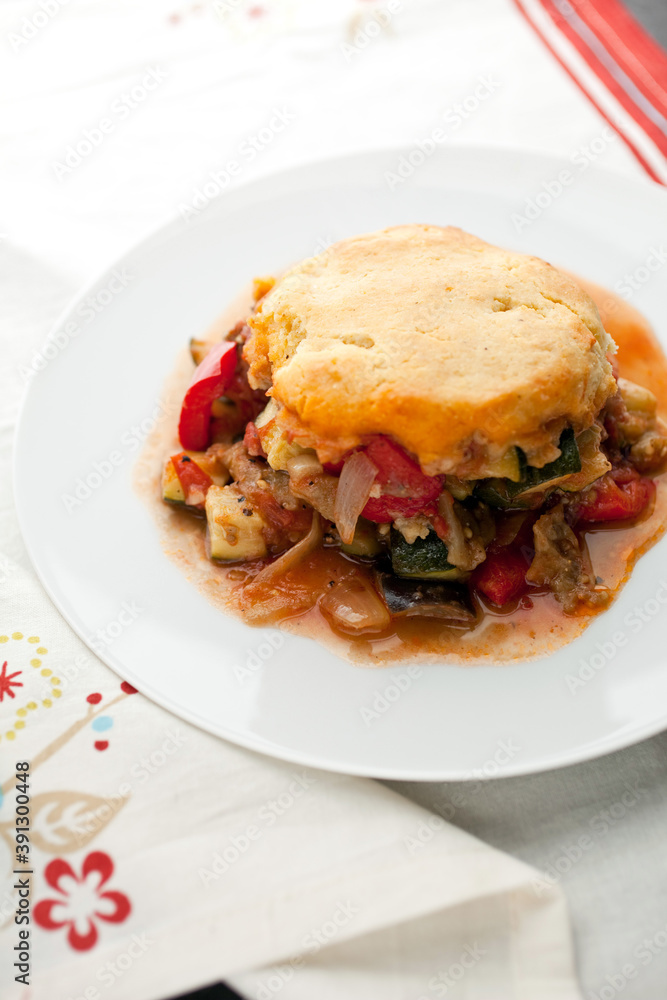 Close up of ratatouille and sausage pot pie Close up of ratatouille and sausage pot pie