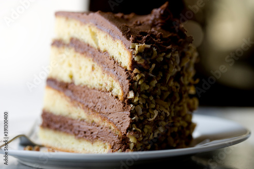 Chocolate layer cake slice on plate