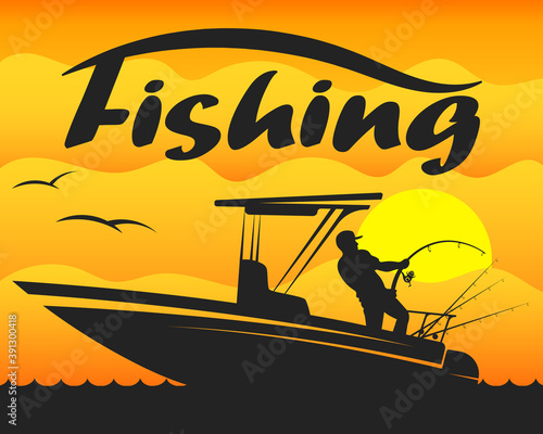 Fishing boat with fisherman and fishing rod at sunset