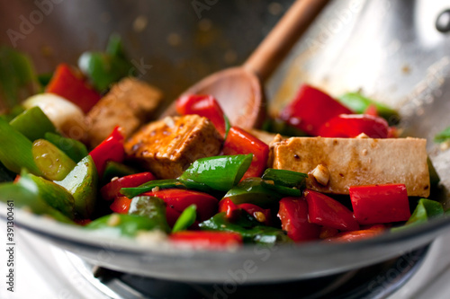 Close up of tofu and peppers stir fry