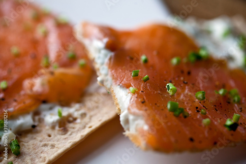 Close up of lavash pizza with smoked salmon