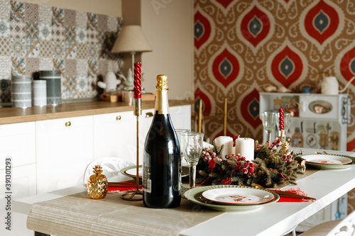 Beautiful table setting with Christmas decorations in living room